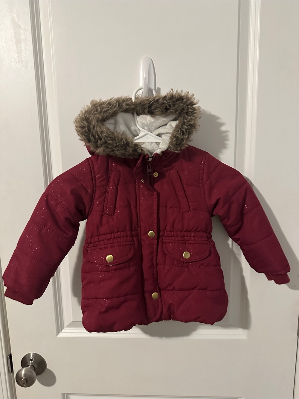 Carter's Burgundy Hooded Puffer Coat with Faux Fur Trim